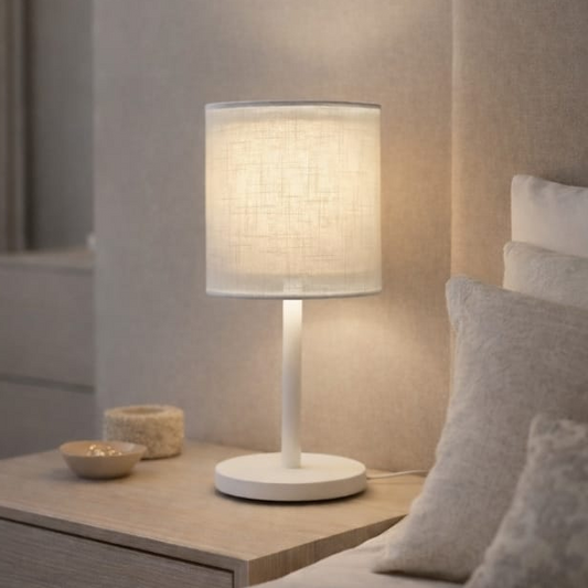 Luminária De Mesa Cúpula Dupla Linho Pérola Base Branca Slim