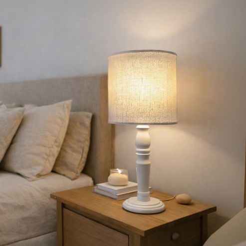 Luminária De Mesa Cúpula Dupla Linho Pérola Base Provençal