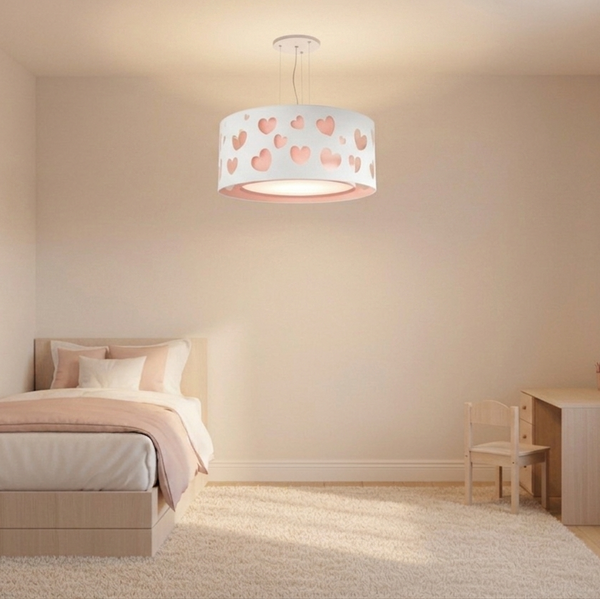 Lustre Infantil Pendente Corações Duplo 50x16cm Rosa