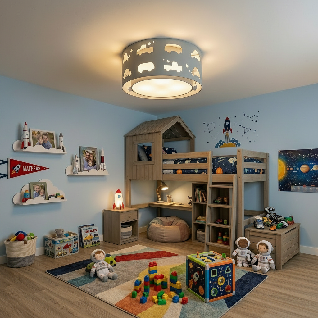 Luminária Infantil Plafon Carrinhos Azul bebê 50x16
