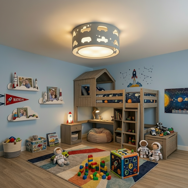 Luminária Infantil Plafon Carrinhos Azul bebê 50x16