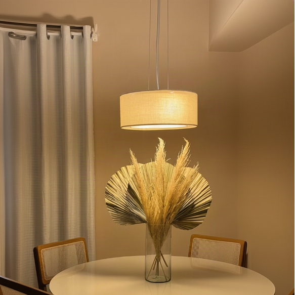 Luminária de Teto Pendente Cúpula Dupla Linho Pérola 40x16