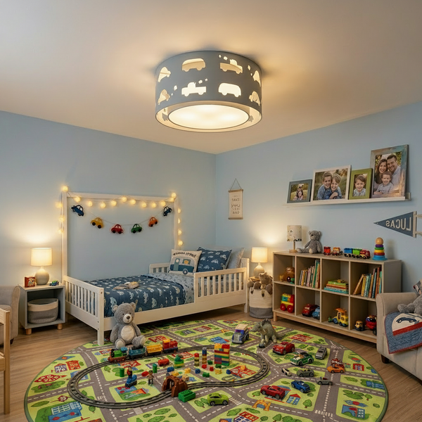 Luminária Infantil Plafon Carrinhos Azul bebê 40x16