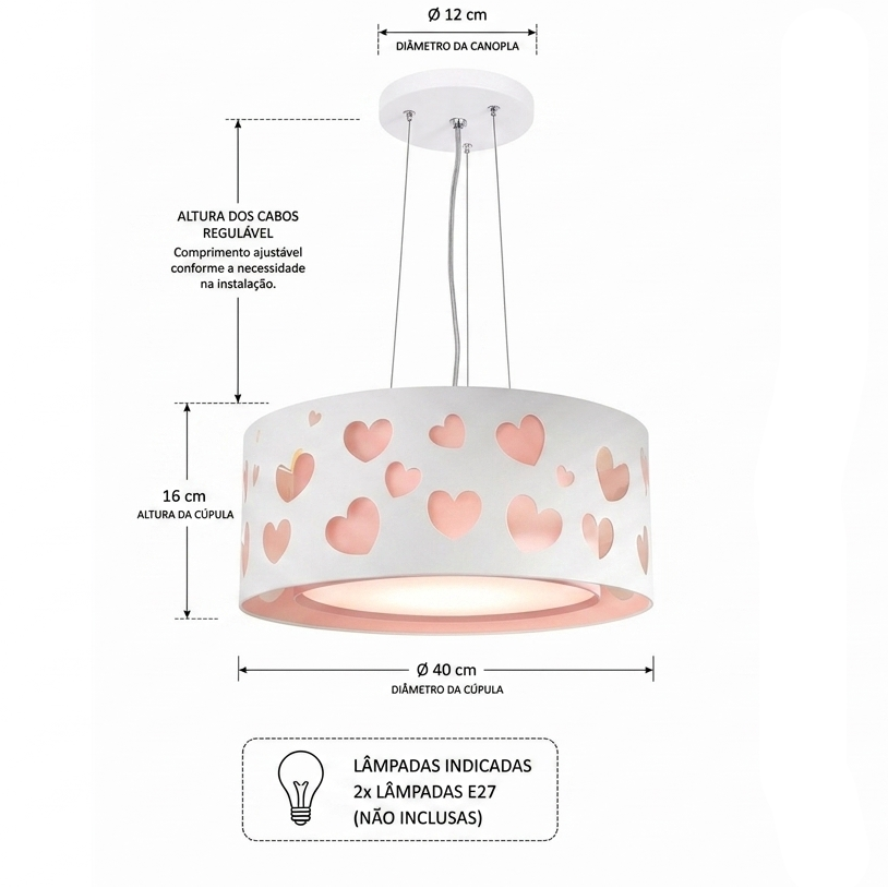 Lustre Infantil Pendente Corações Duplo 50x16cm Rosa