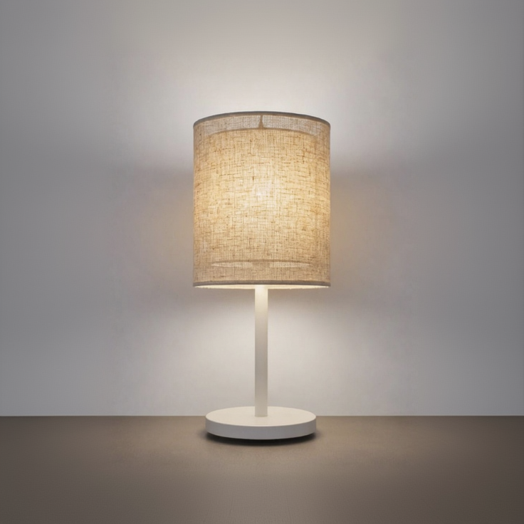Luminária De Mesa Cúpula Dupla Linho Natural Base Branca Slim