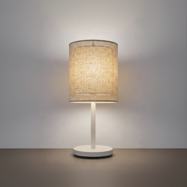Luminária De Mesa Cúpula Dupla Linho Natural Base Branca Slim