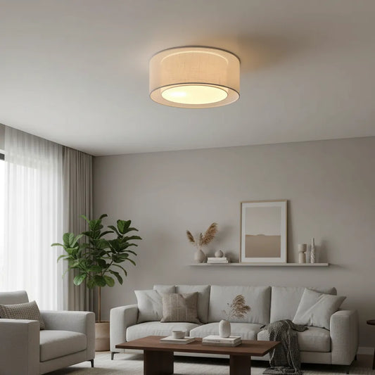 Luminária de Teto Plafon Cúpula Dupla Linho Pérola 40x16