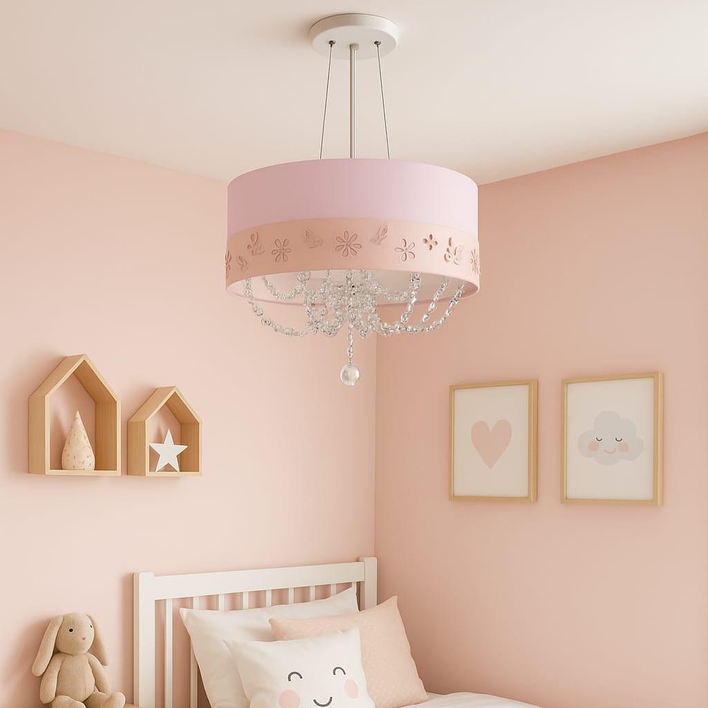 Lustre Infantil Pendente Faixa flores e Borboletas Rosa 40