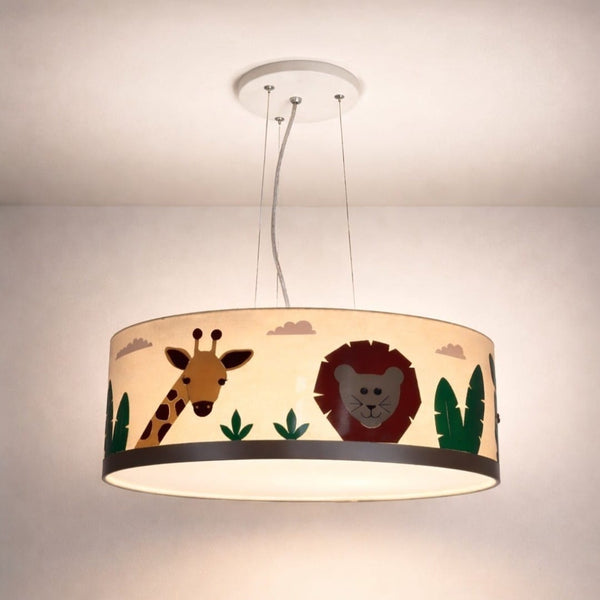 Lustre Infantil Pendente Safari Cúpula Tecido 30x15cm 2 em 1