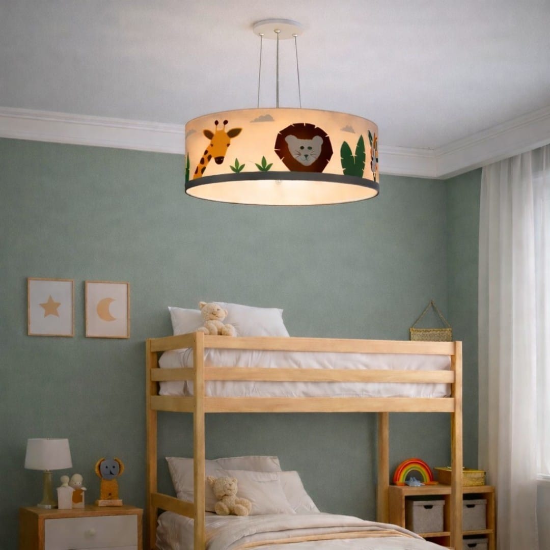Lustre Infantil Pendente Safari Cúpula Tecido 40x15cm 2 em 1