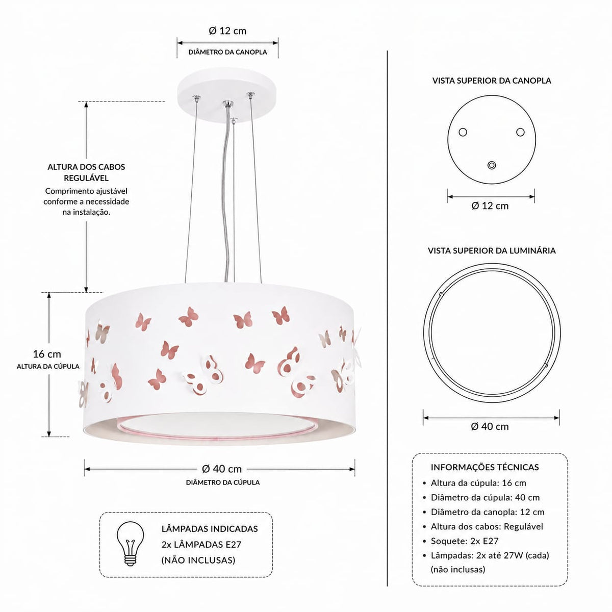 Lustre Infantil Pendente Borboletas Duplo 40x16cm