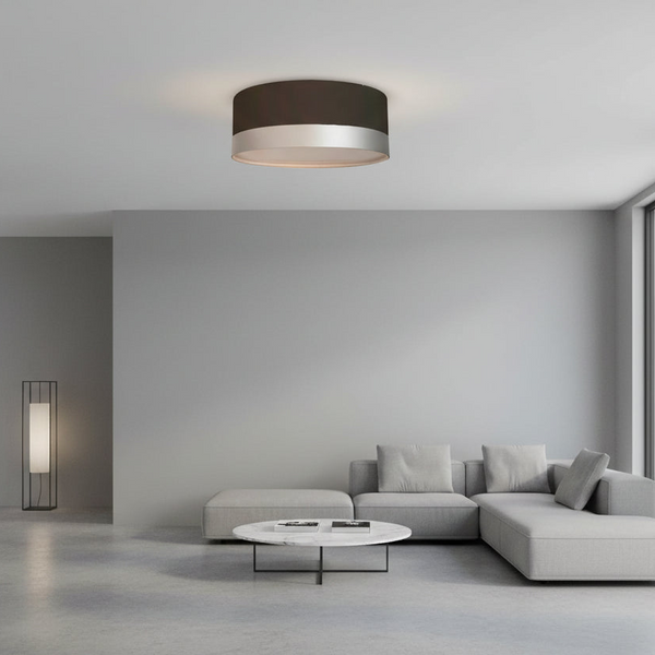Luminária Plafon Cúpula Preto com Detalhe Prata 50x15 3E27