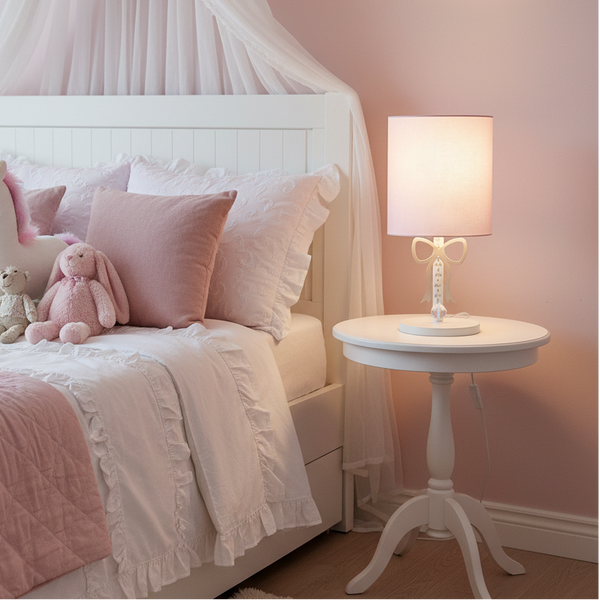 Abajur Infantil Laço Base Branca Cúpula Rosa 20x43 Bivolt
